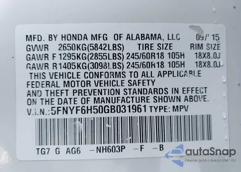 2016 Honda Pilot Ex-L from USA, damaged, VIN 5FNYF6H50GB031961